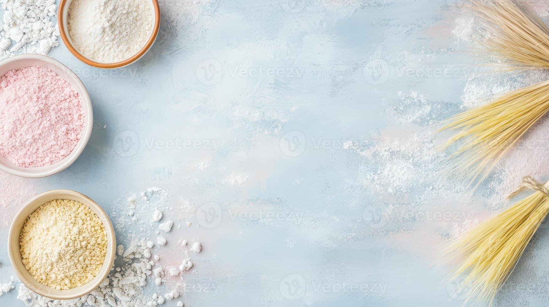 Colored flours and grains on blue photo