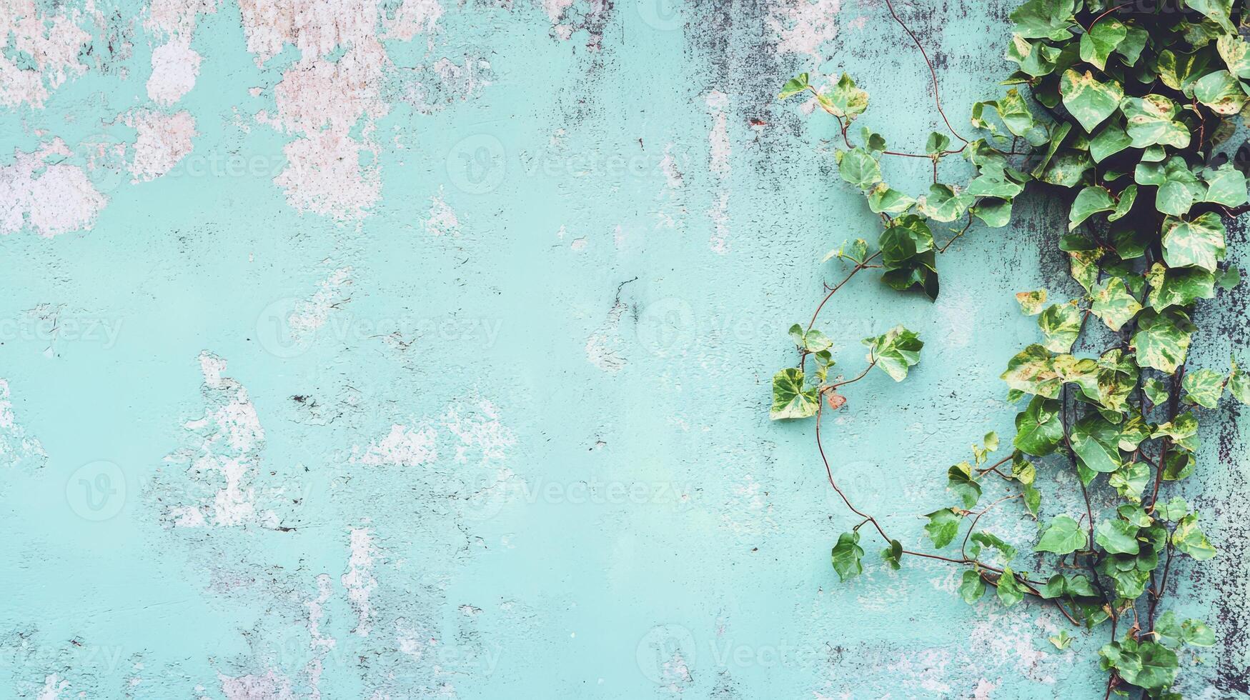Ivy climbs a weathered turquoise wall in sunlight photo