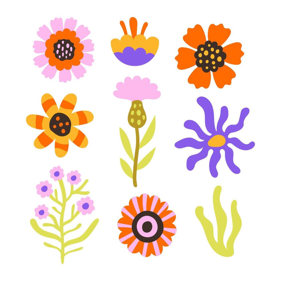Whimsical Vibrant Flowers Set vector