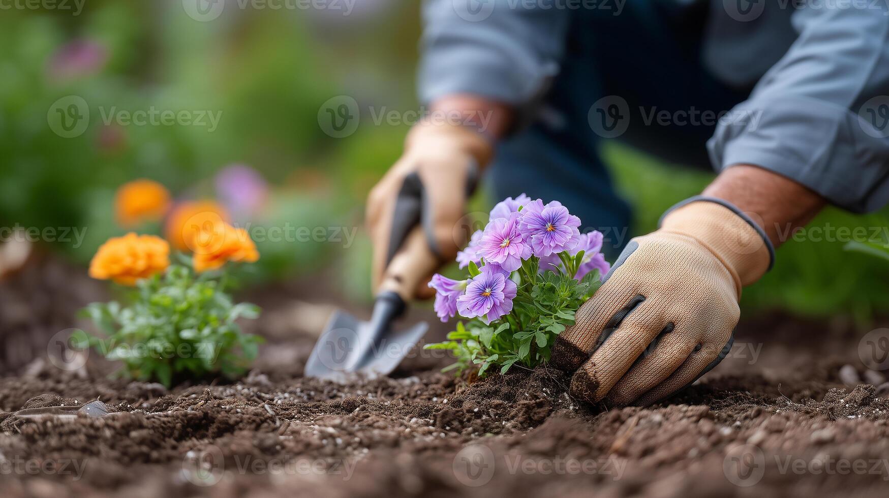 Spring Gardening Activity Planting Flower Bed photo