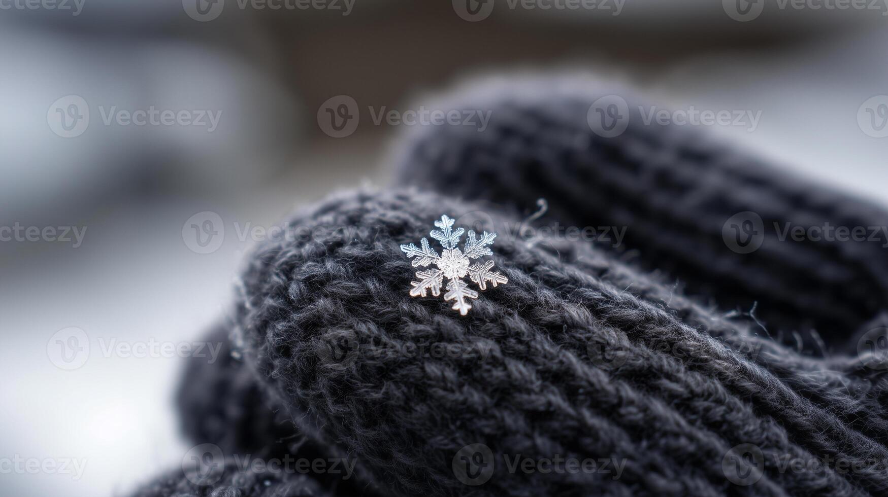 Closeup of natural snowflake design against dark knitted texture photo