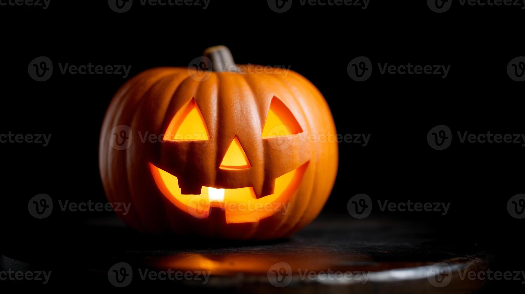 Autumn decoration featuring illuminated carved pumpkin with triangle eyes photo