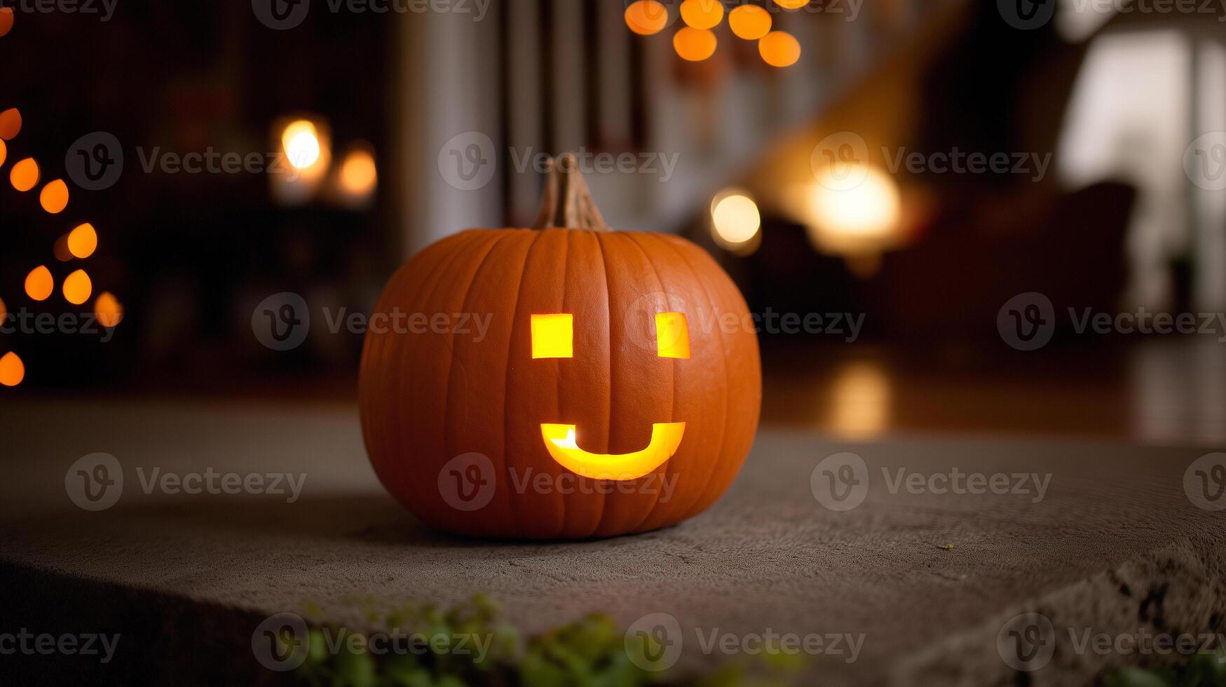 Halloween decoration featuring glowing carved pumpkin on rustic surface photo