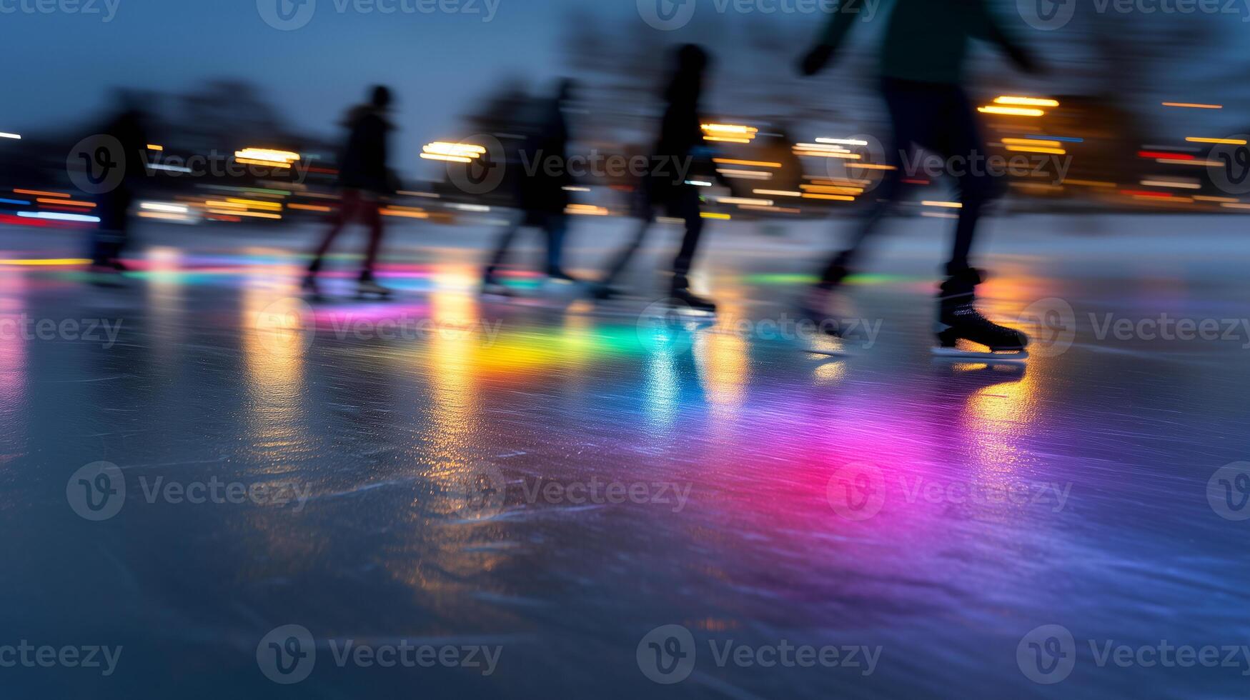 Winter Night Sky Scene Skaters Enjoying Colorful Ice Rink photo
