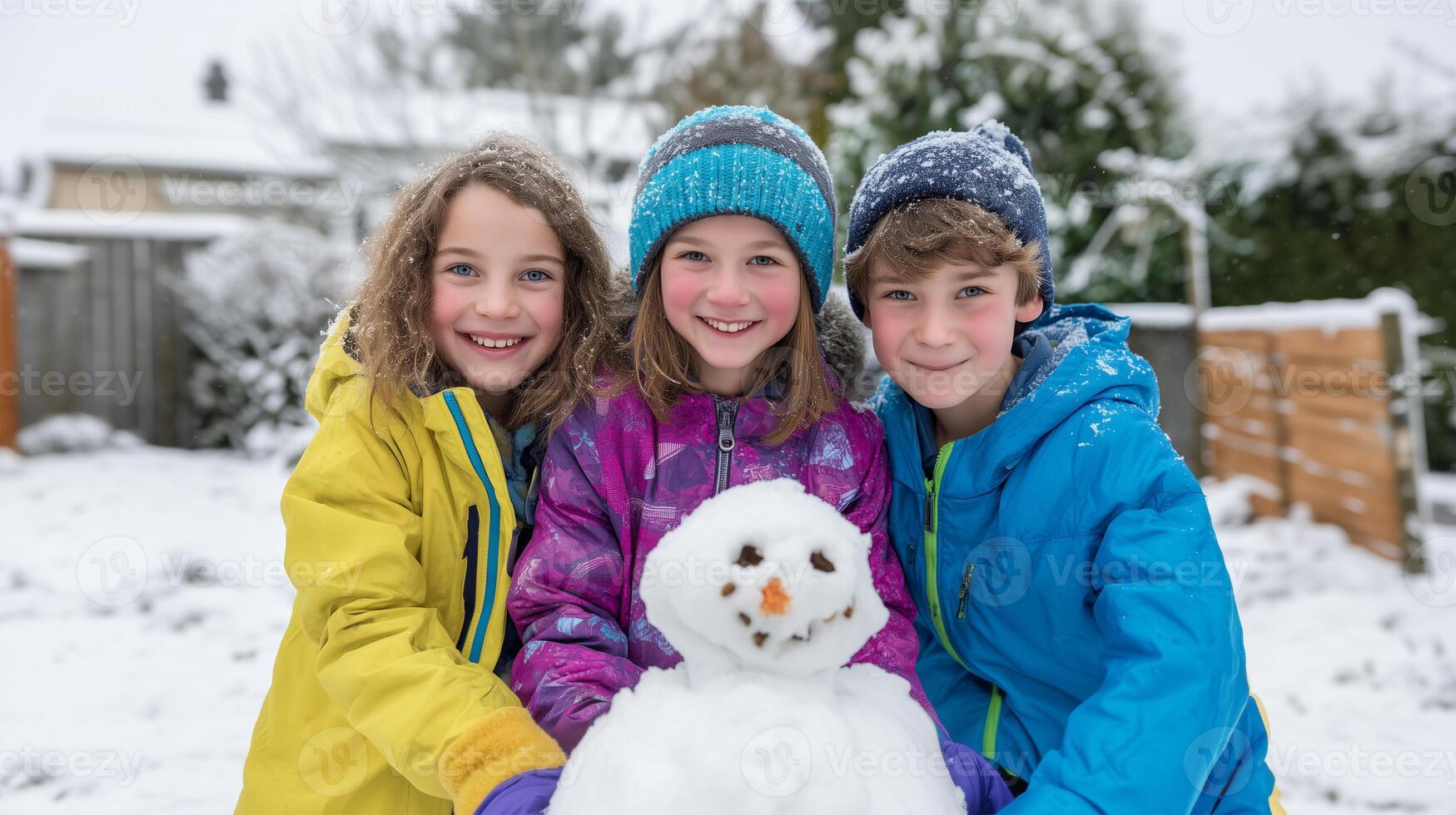 Three children proudly showing their handmade snowman creation photo