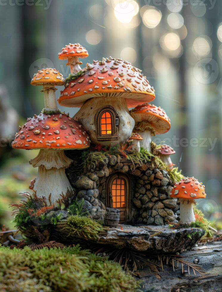 Enchanted mushroom house in a forest. A whimsical mushroom house nestled among trees, adorned with vibrant orange caps and surrounded by lush greenery. photo