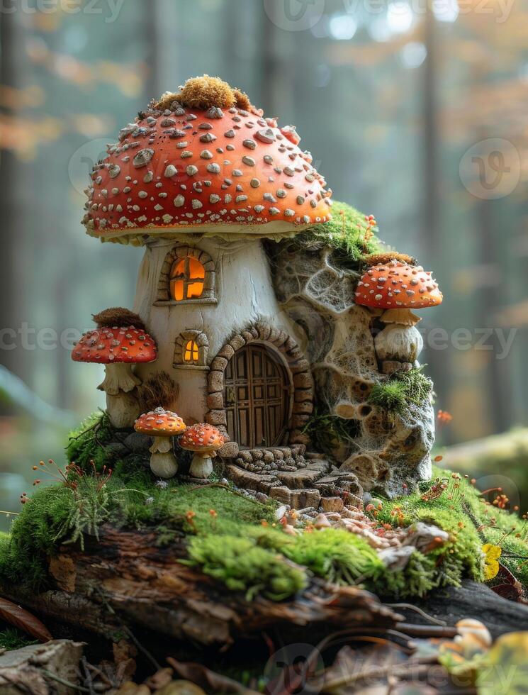 Enchanted mushroom house in the forest. A whimsical mushroom house surrounded by moss and trees, with warm lights glowing from its windows in a serene forest. photo