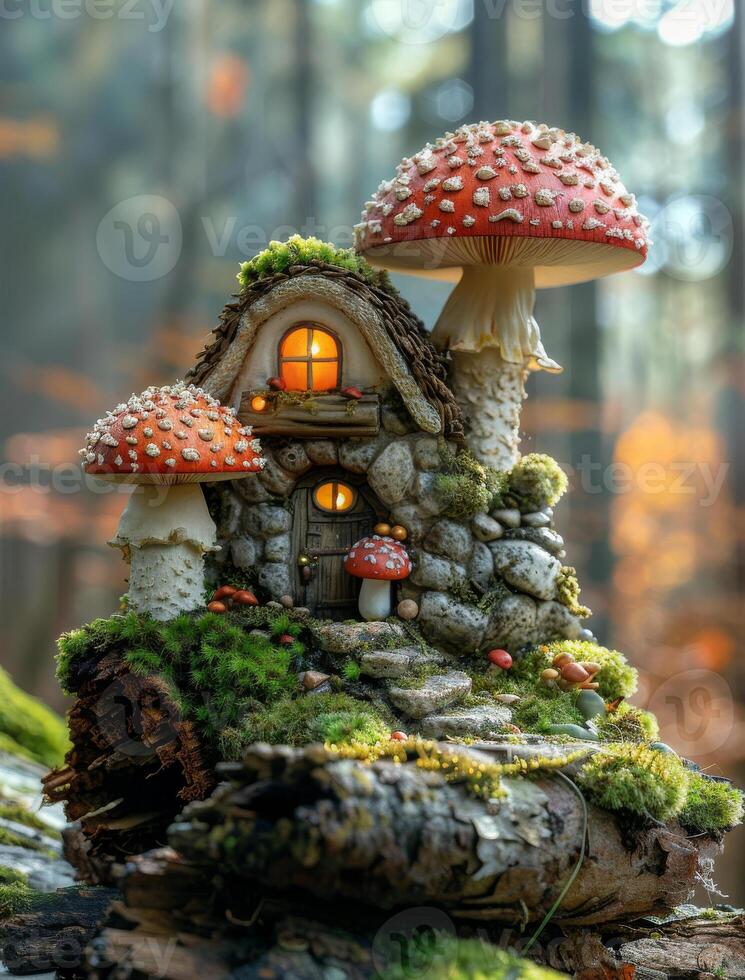 Enchanted mushroom house in a forest. A whimsical house made of mushrooms and stones is illuminated in a lush forest during golden hour, surrounded by nature. photo