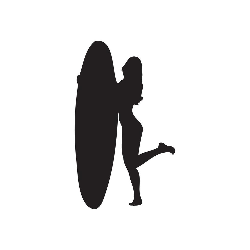 Surfer Girl Standing With Surfboard. vector