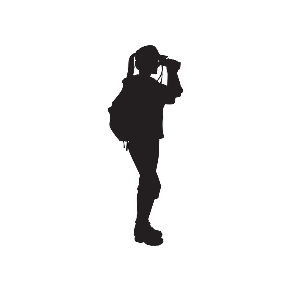 Woman hiking with binoculars silhouette. vector