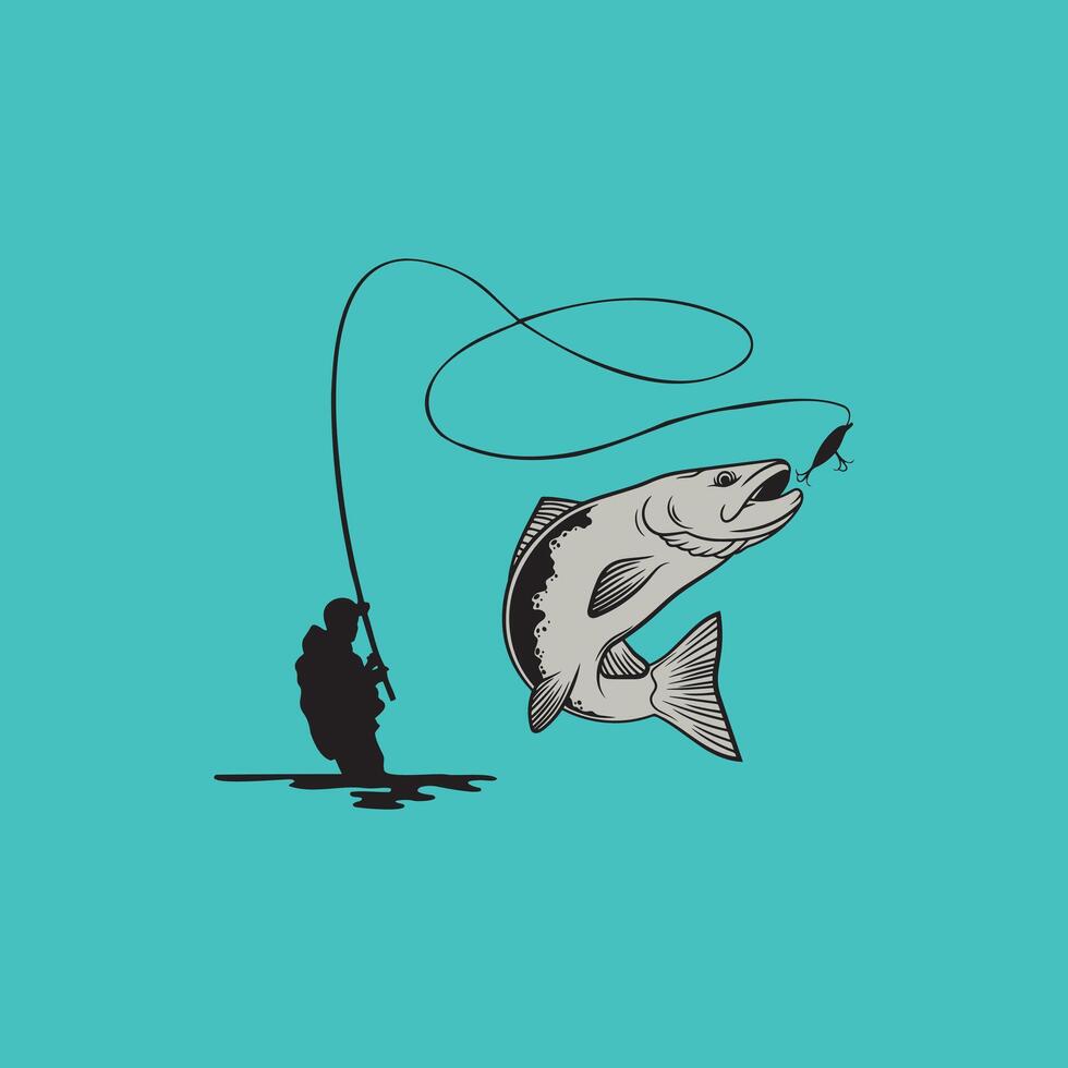 Fly fishing silhouette with jumping trout. vector