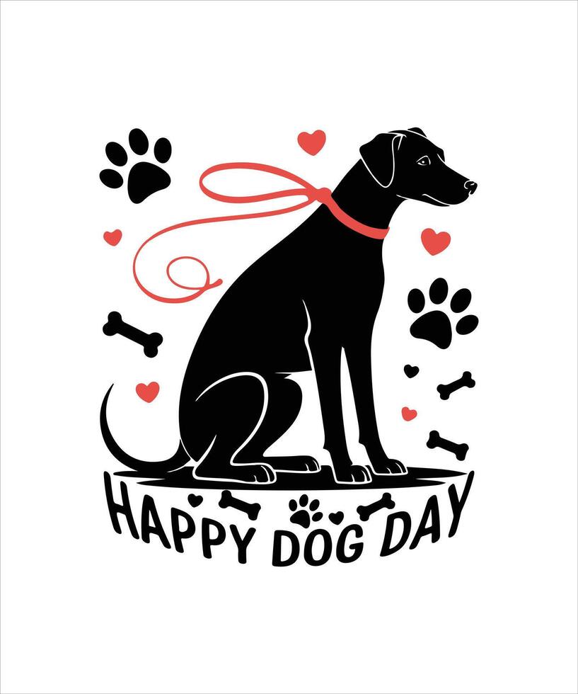 Happy dog day sitting dog with red leash illustration. vector