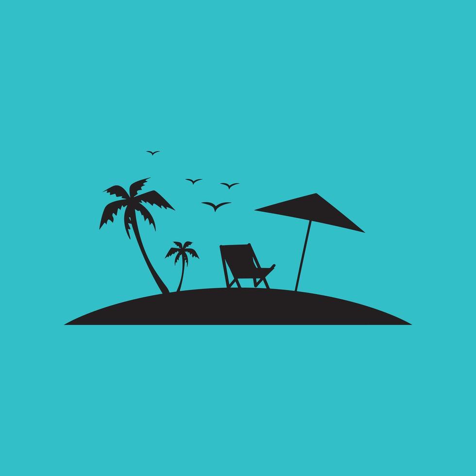 Beach island silhouette with palm trees and deck chair. vector