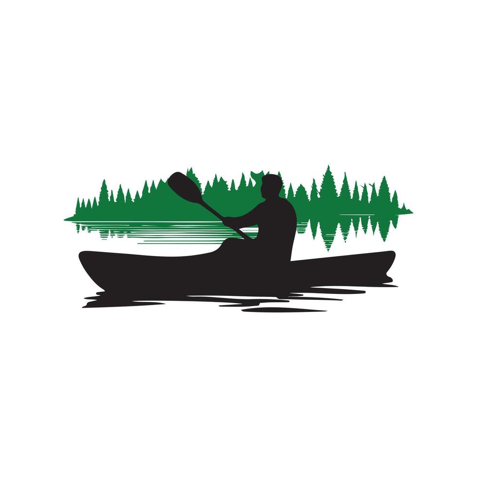 Kayaking silhouette with forest lake background. vector