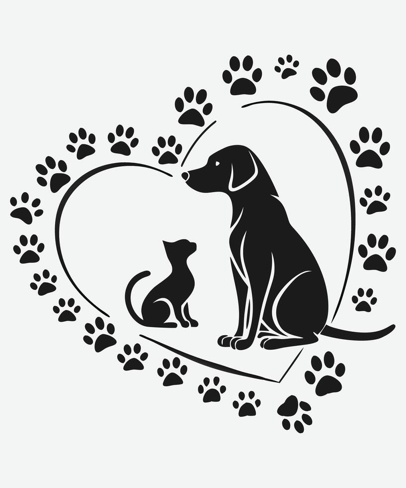 Pet love silhouette of dog and cat with heart and paw prints. vector