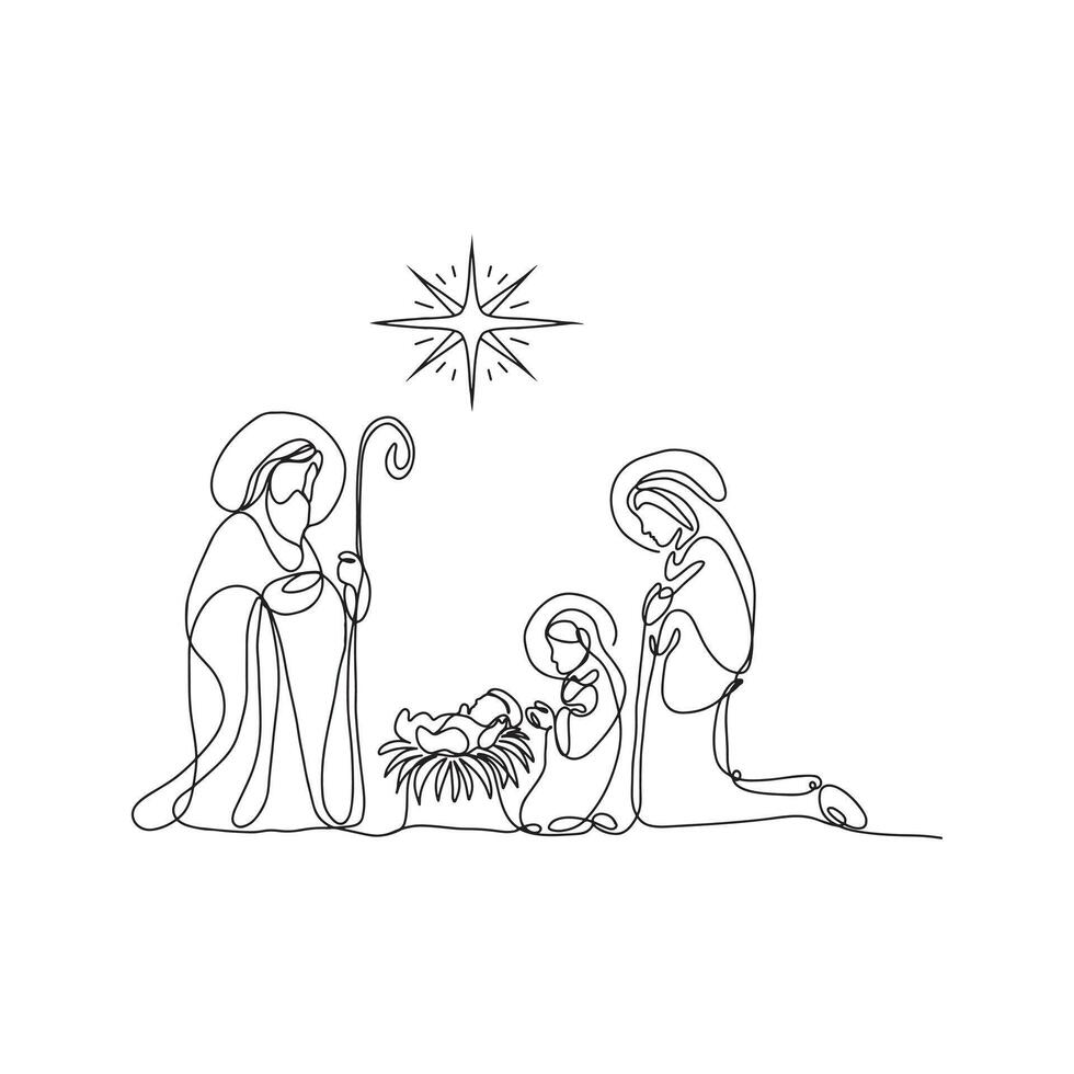 Nativity scene, one-line drawing illustration. vector