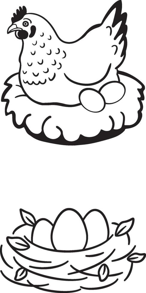Hen Sitting On Nest With Eggs and Separate Bird Nest Illustration. vector