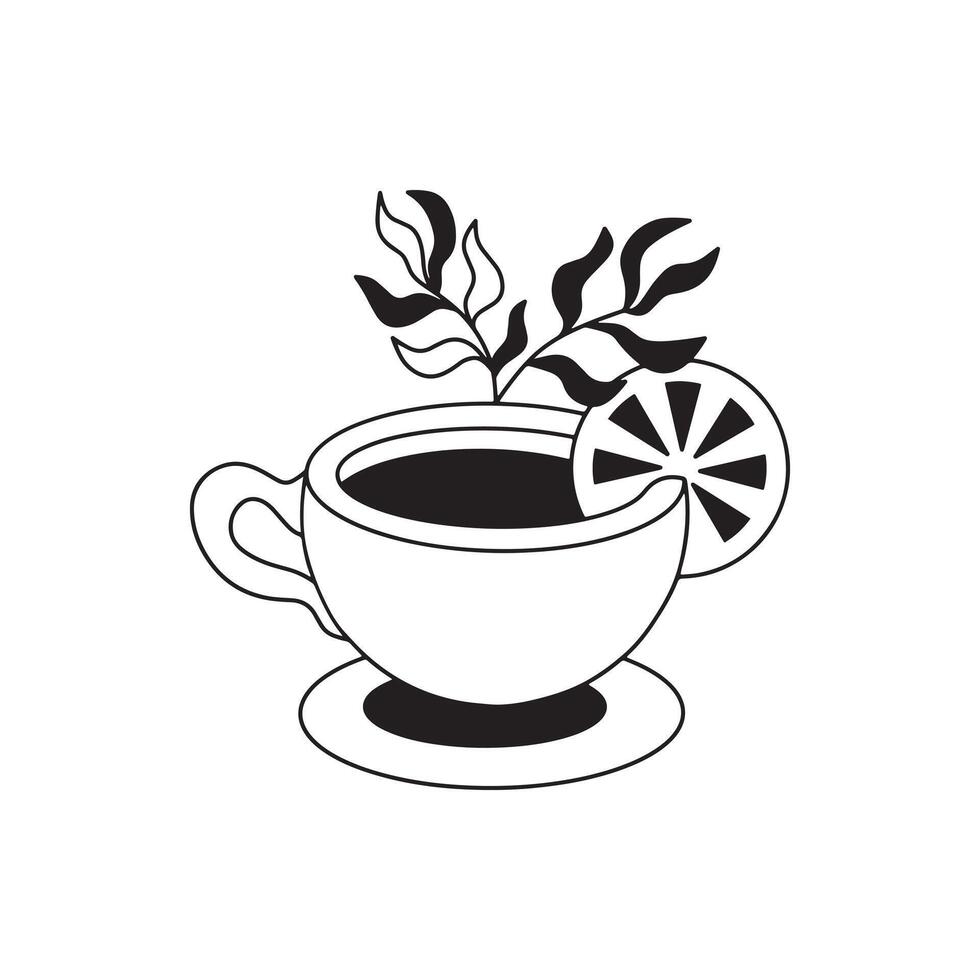Cup of herbal tea with lemon slice and leaves, minimalist black and white illustration. vector