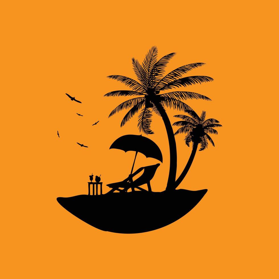 Beach sunset with palm trees and lounge chair. vector