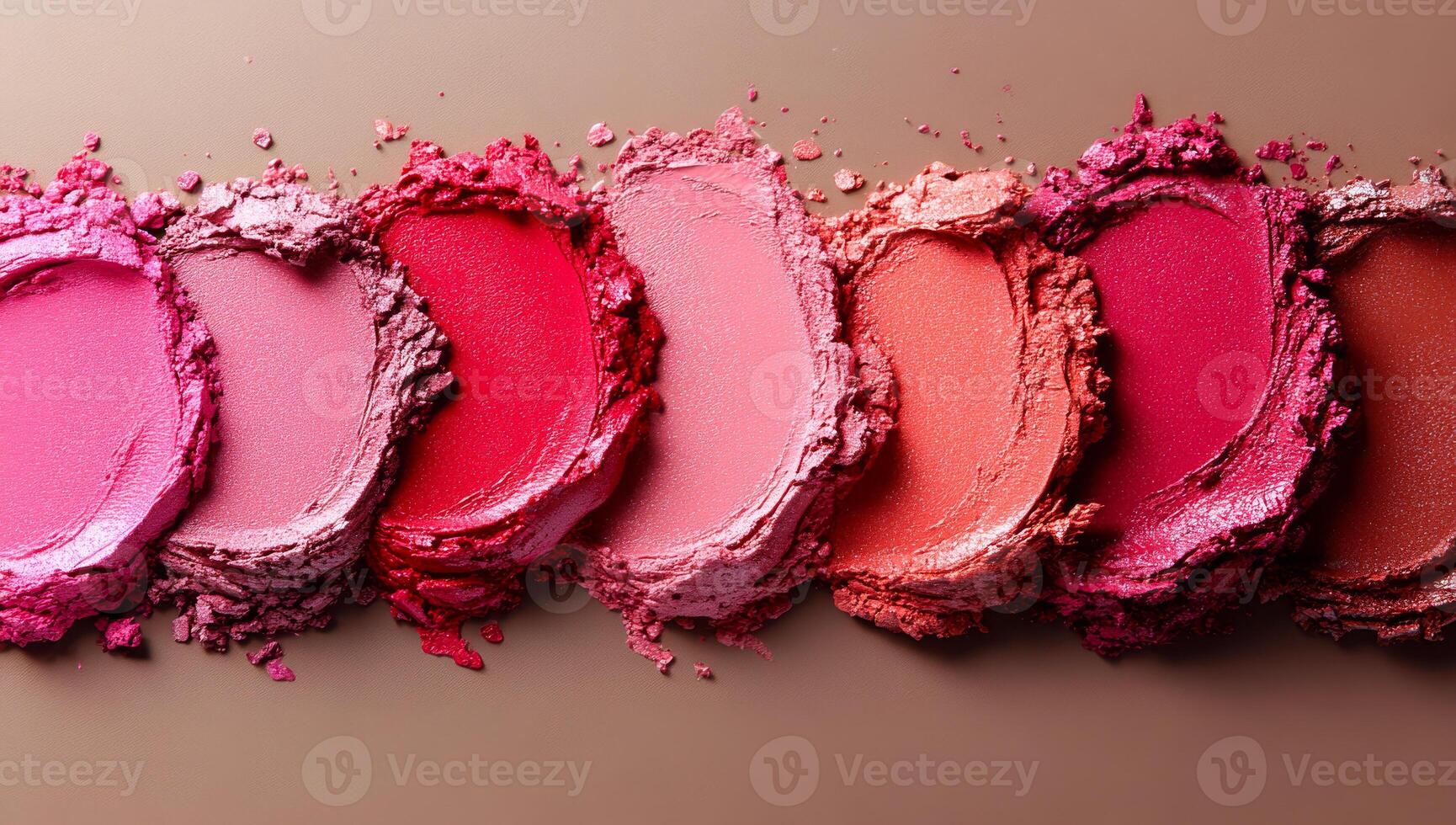Colorful pressed powders arrayed. Pressed powders in various shades of pink and red are arranged side by side on a neutral background, showcasing texture. photo
