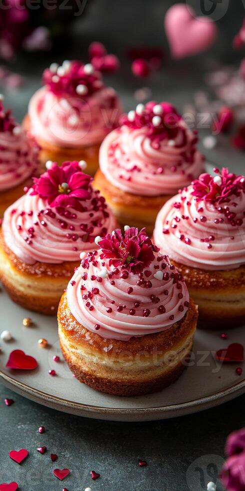 Pink frosted cupcakes. Cupcakes with pink frosting and floral decorations are artfully arranged on a plate, creating a festive atmosphere. photo