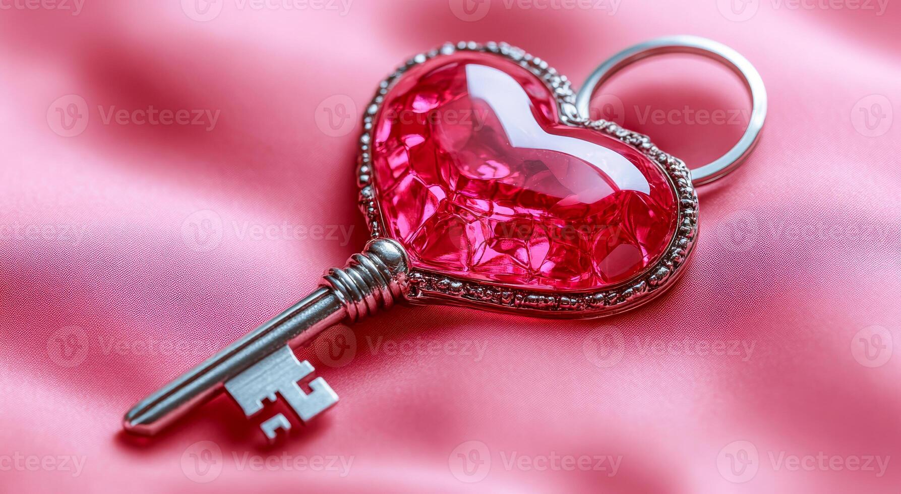 Decorative heart-shaped key on fabric. A shiny heart-shaped key rests on soft pink fabric, showcasing its intricate design and vibrant color. photo