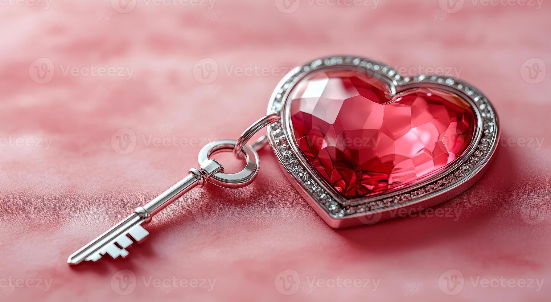 Heart-shaped pendant with key charm. A vibrant heart-shaped pendant featuring a sparkling red gem and a small key attached, resting on soft fabric. photo