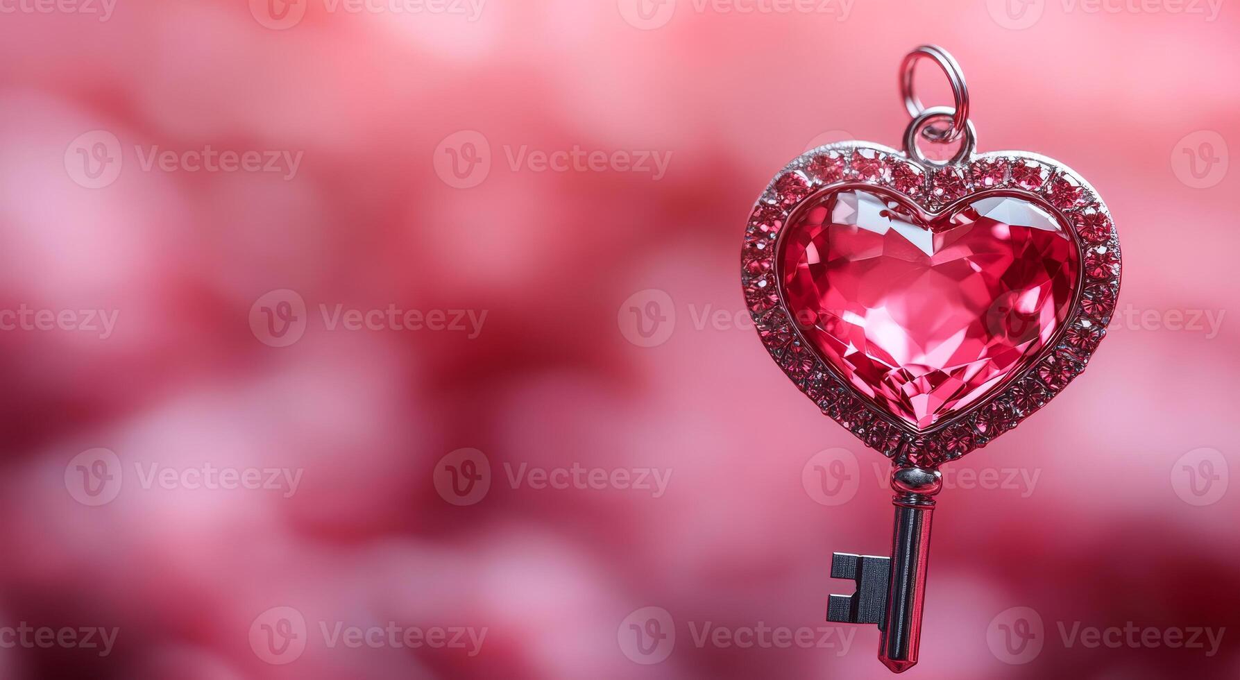 Heart key with pink gem. A heart-topped key with a pink gemstone stands out against a blurred pink background, radiating romance. photo