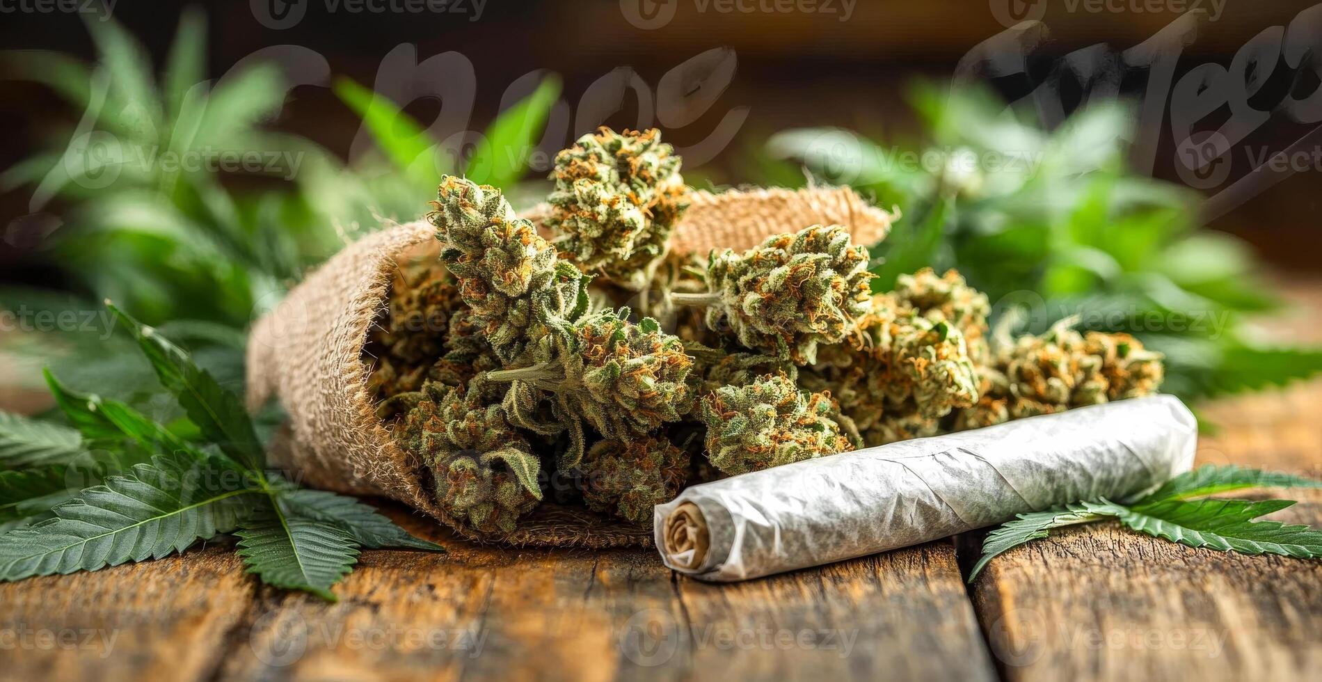 Fresh cannabis and joints. Cannabis buds and a rolled joint rest on a wooden surface surrounded by green leaves and burlap fabric. photo
