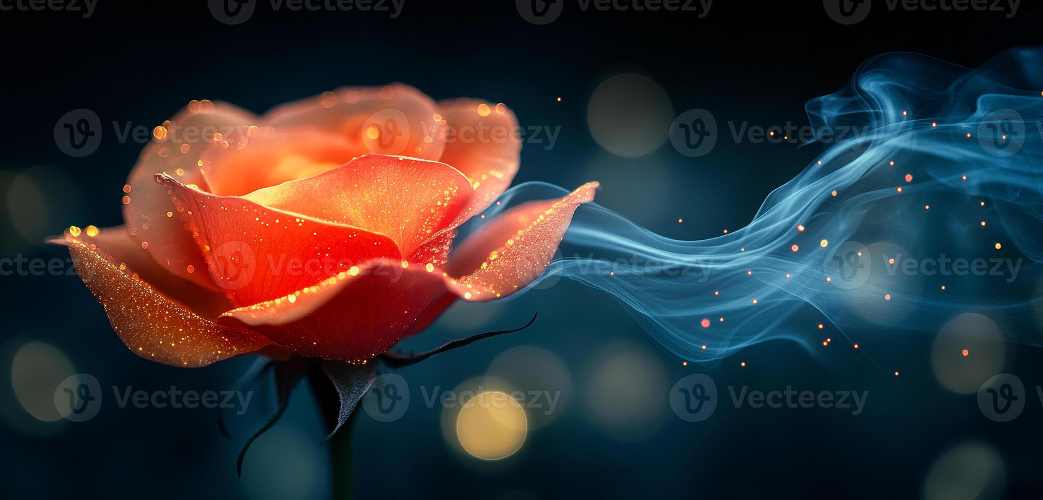 Sparkling rose in the dark. A stunning rose emits sparkling particles and a wispy smoke in a dark, enchanting setting, creating a mystical ambiance. photo