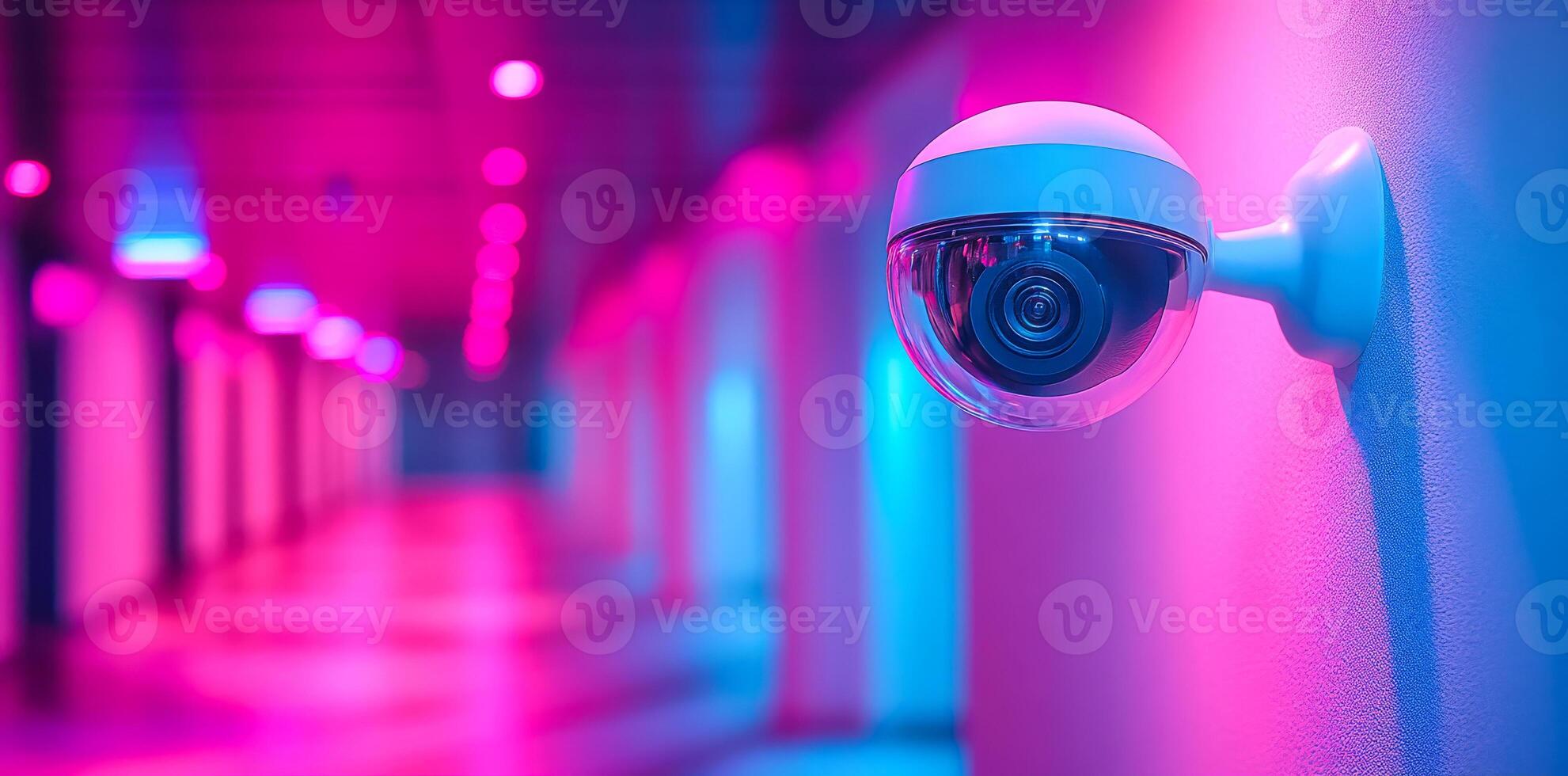 Camera in a bright hallway. A surveillance camera is mounted on the wall in a brightly lit corridor with colorful ambient lighting. photo