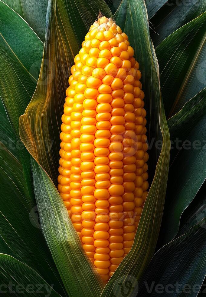Fresh corn on the cob nestled in leaves. Ripe corn on the cob stands tall among green husks, showing off its bright yellow kernels, ready for harvest. photo