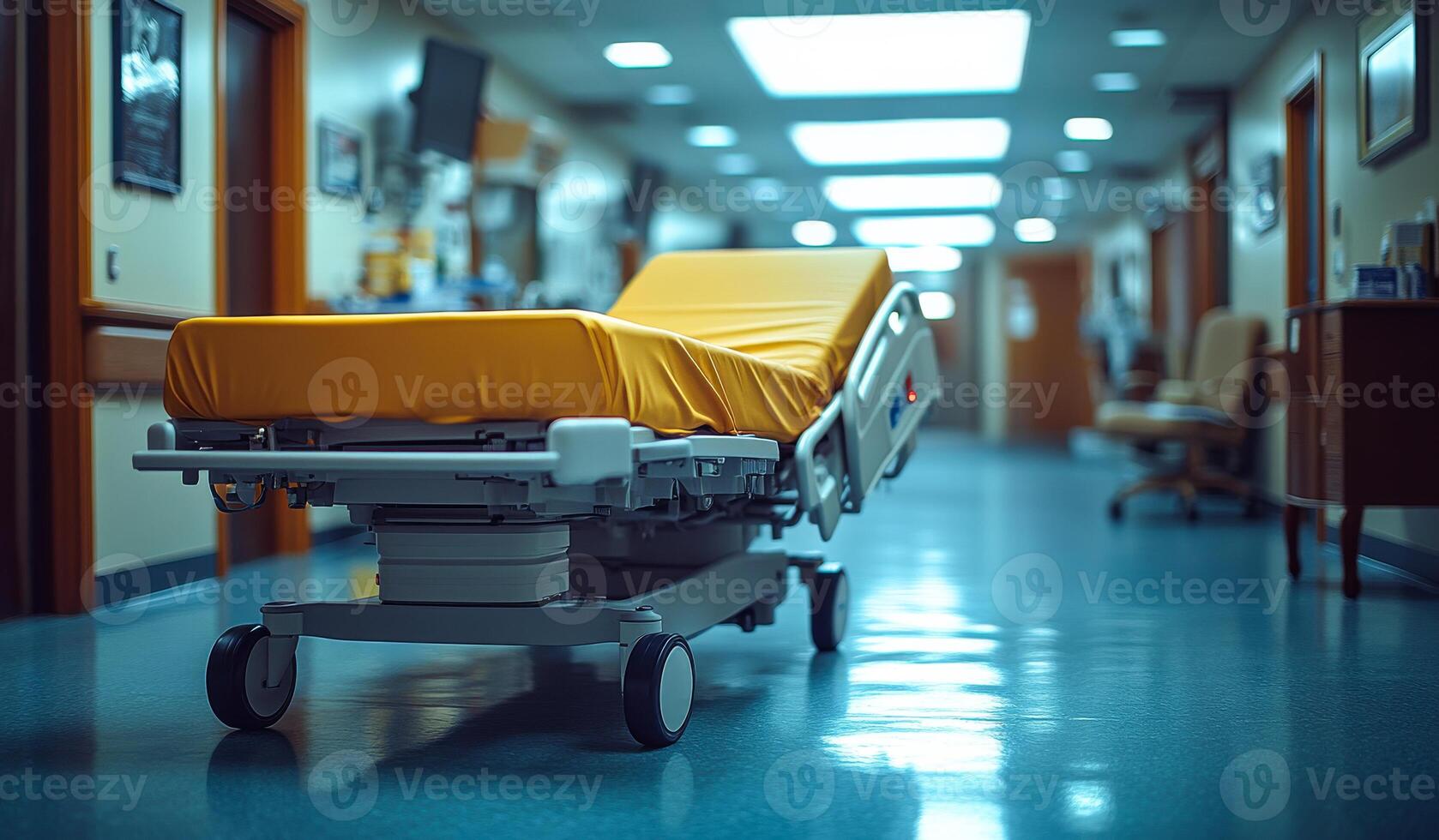 Hospital corridor with empty patient bed. An empty patient bed is positioned in a quiet hospital corridor during daytime, highlighting the sterile environment. photo