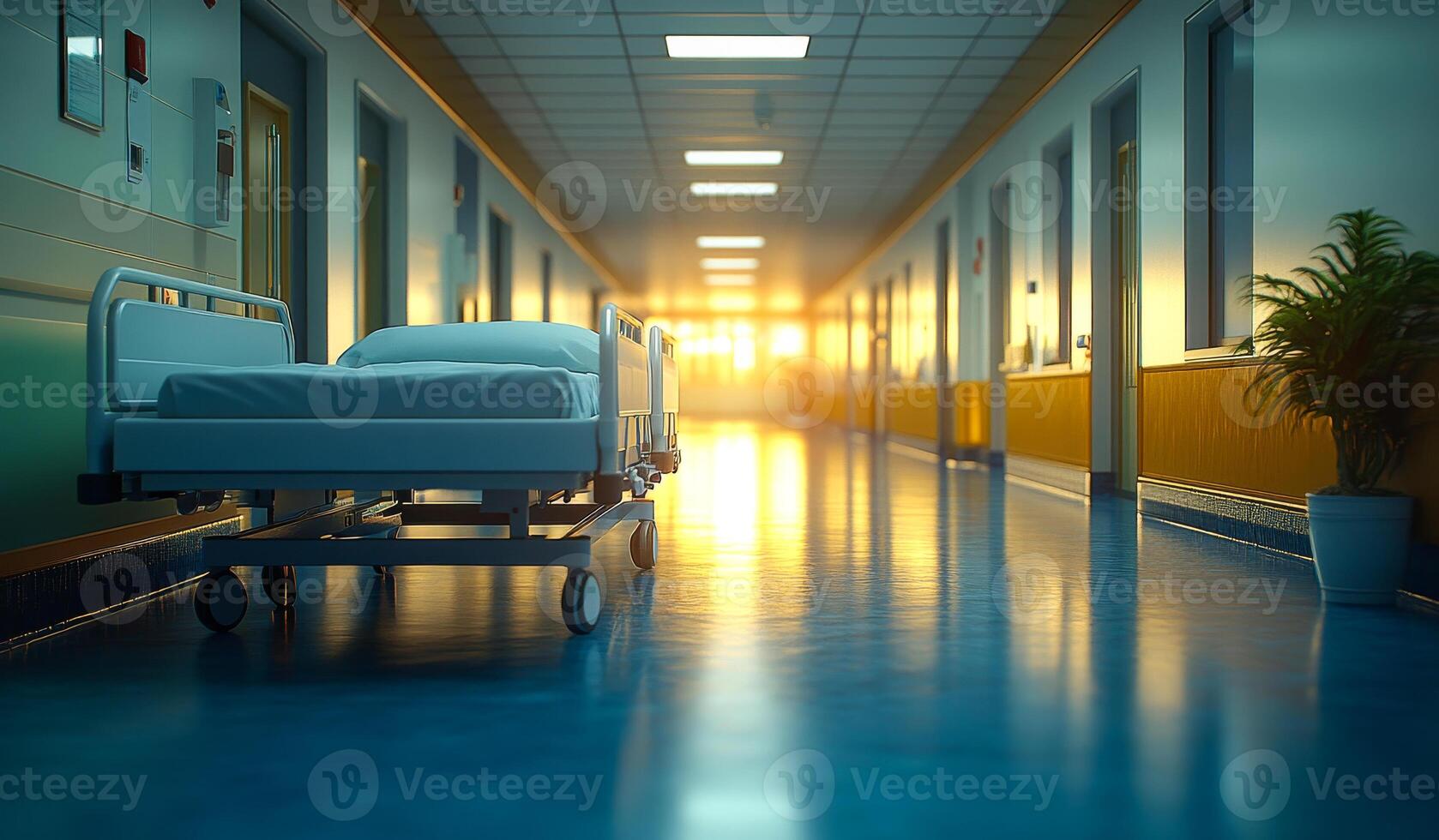 Sunset over empty hospital bed. Soft light filters through a hospital corridor, highlighting an empty bed and creating a serene atmosphere at sunset. photo