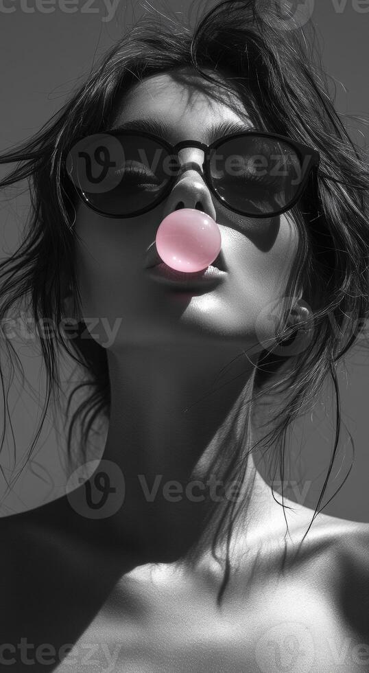 Young woman blowing bubble gum outdoors. A stylish woman in sunglasses blows pink bubble gum on a sunny day, exuding confidence and playfulness. photo