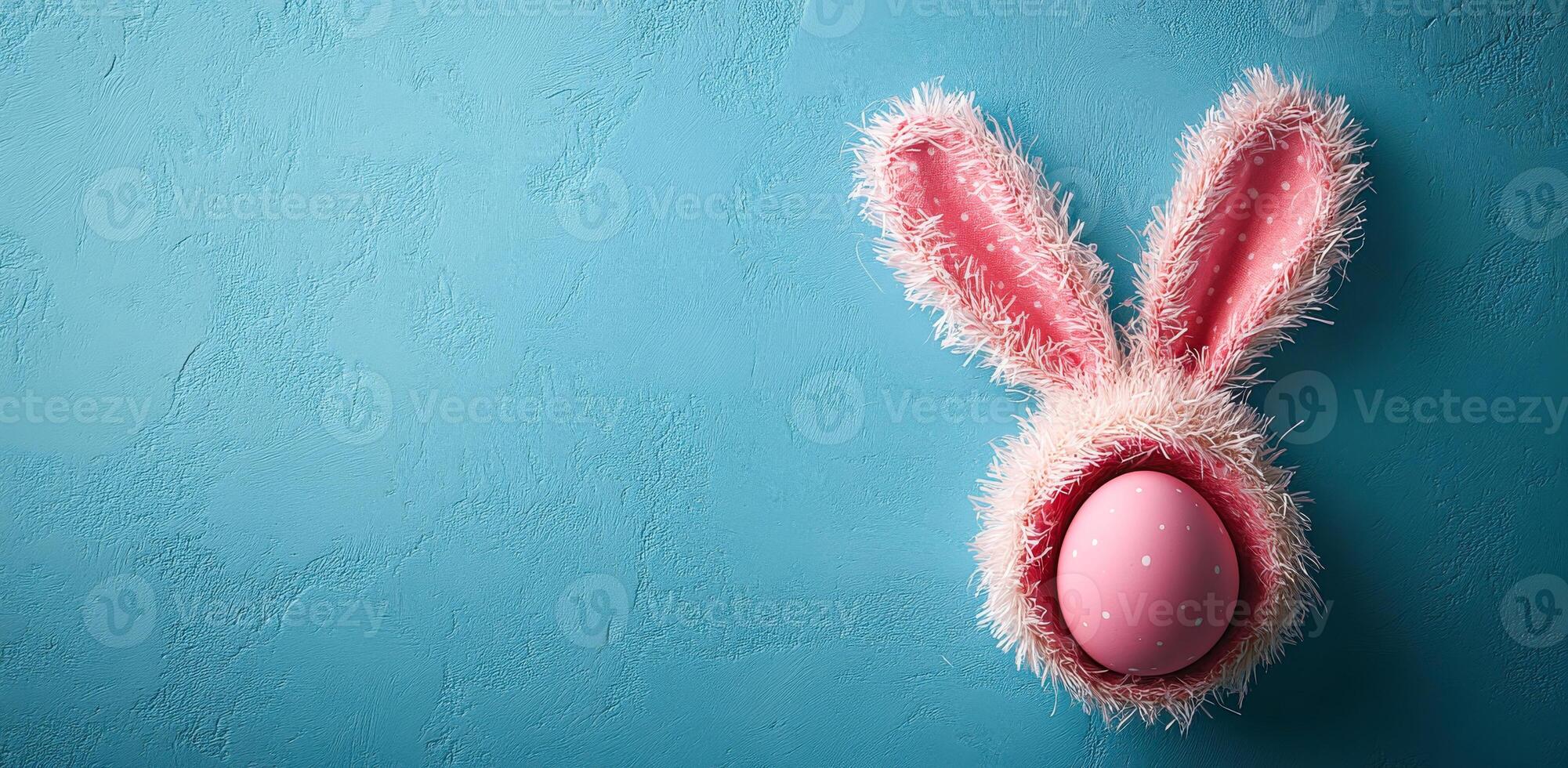 Bunny ears with egg display. Decorative pink bunny ears surround a pastel egg resting on a blue background, showcasing Easter themes and colors. photo
