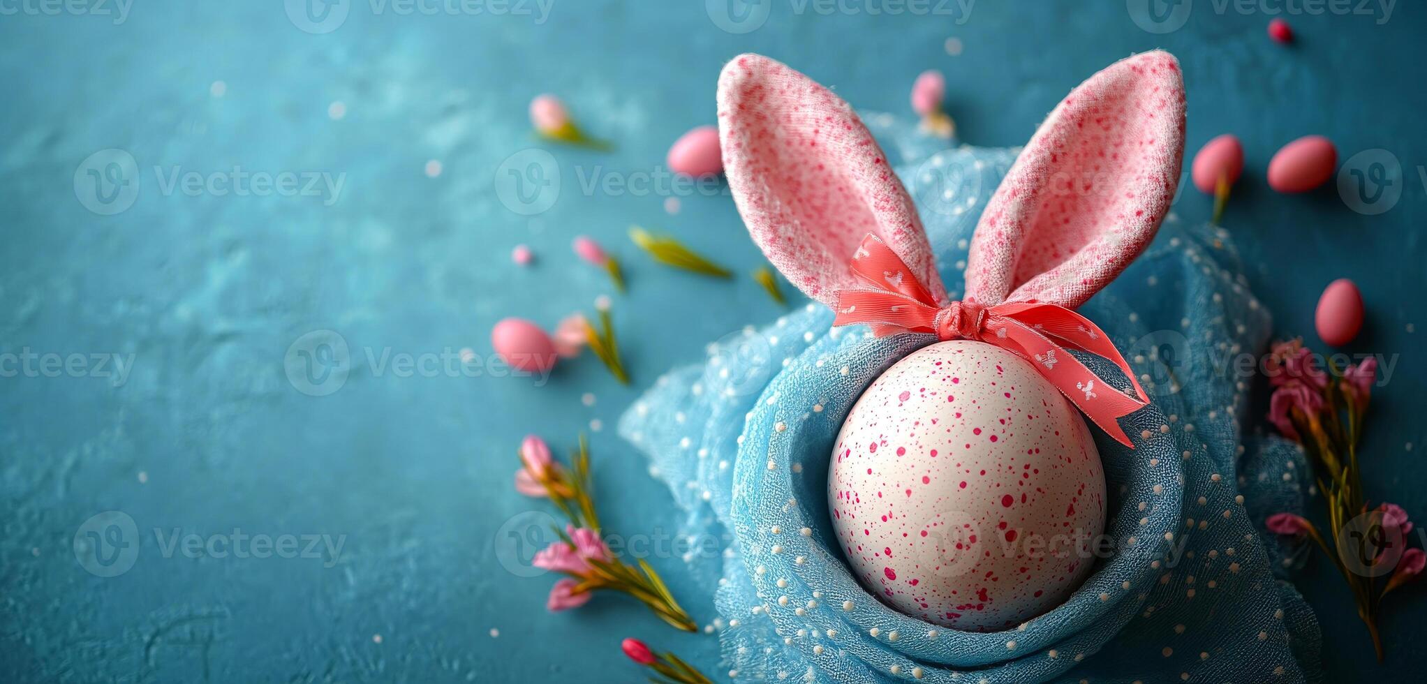 Easter egg with bunny ears. A decorative Easter egg dons pink bunny ears and is surrounded by festive flowers and pastel eggs on a blue backdrop. photo