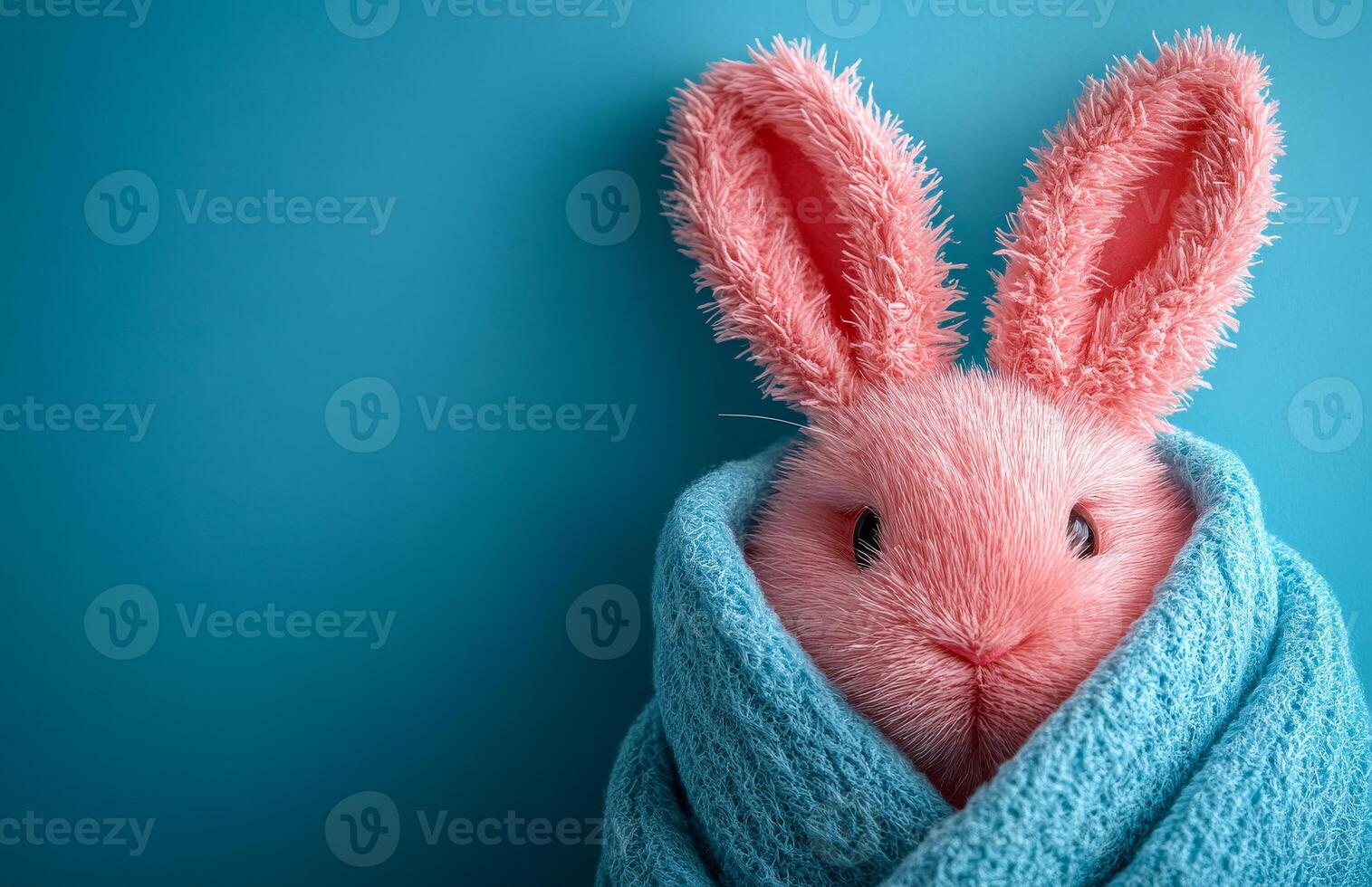 Pink bunny wrapped in cozy blanket. A cute pink bunny with fluffy ears is wrapped in a soft blue blanket against a solid blue background. photo