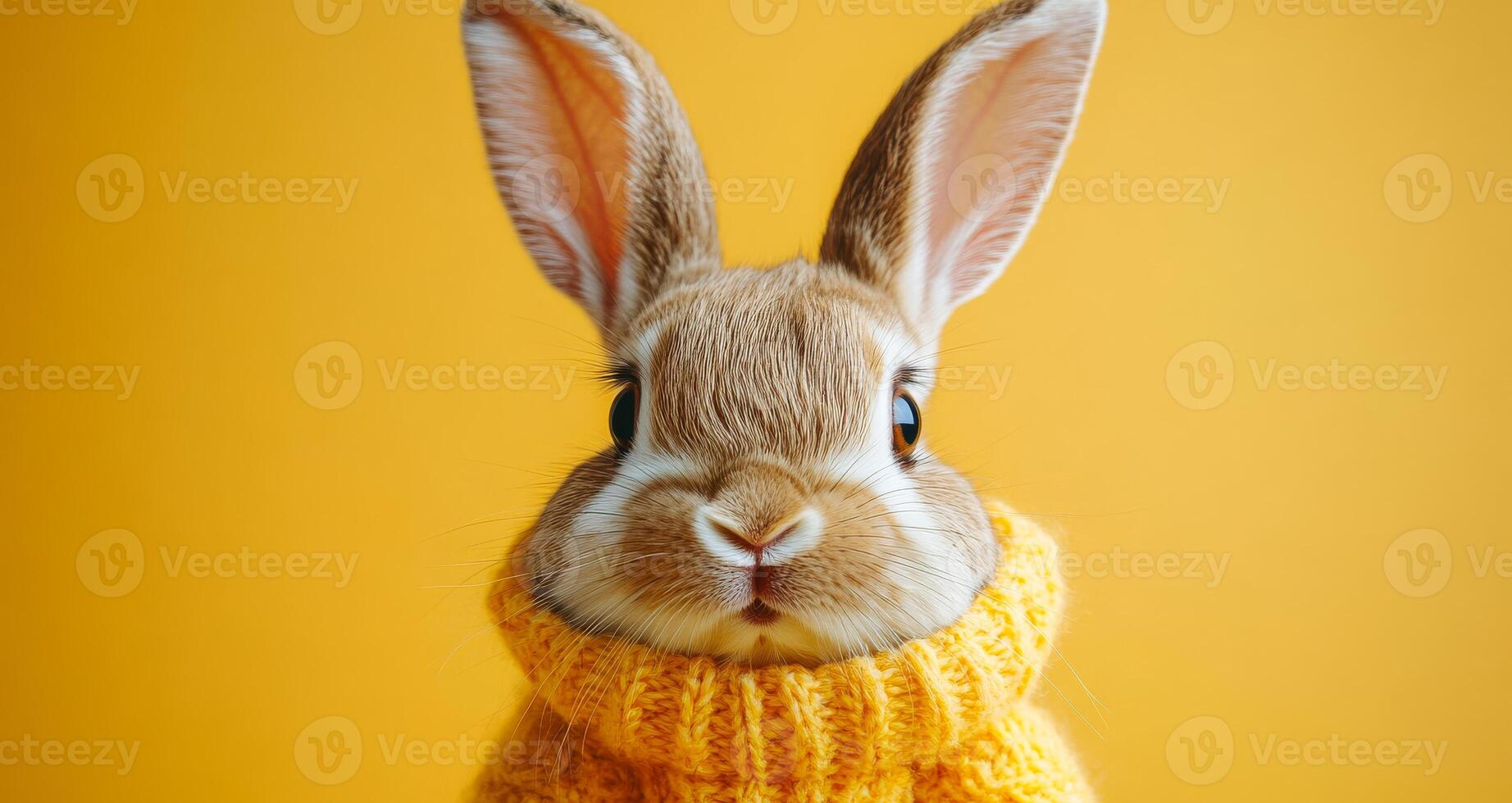 Cute rabbit wearing a cozy sweater. A fluffy rabbit with big ears and a warm expression is dressed in a knitted sweater against a bright yellow backdrop. photo