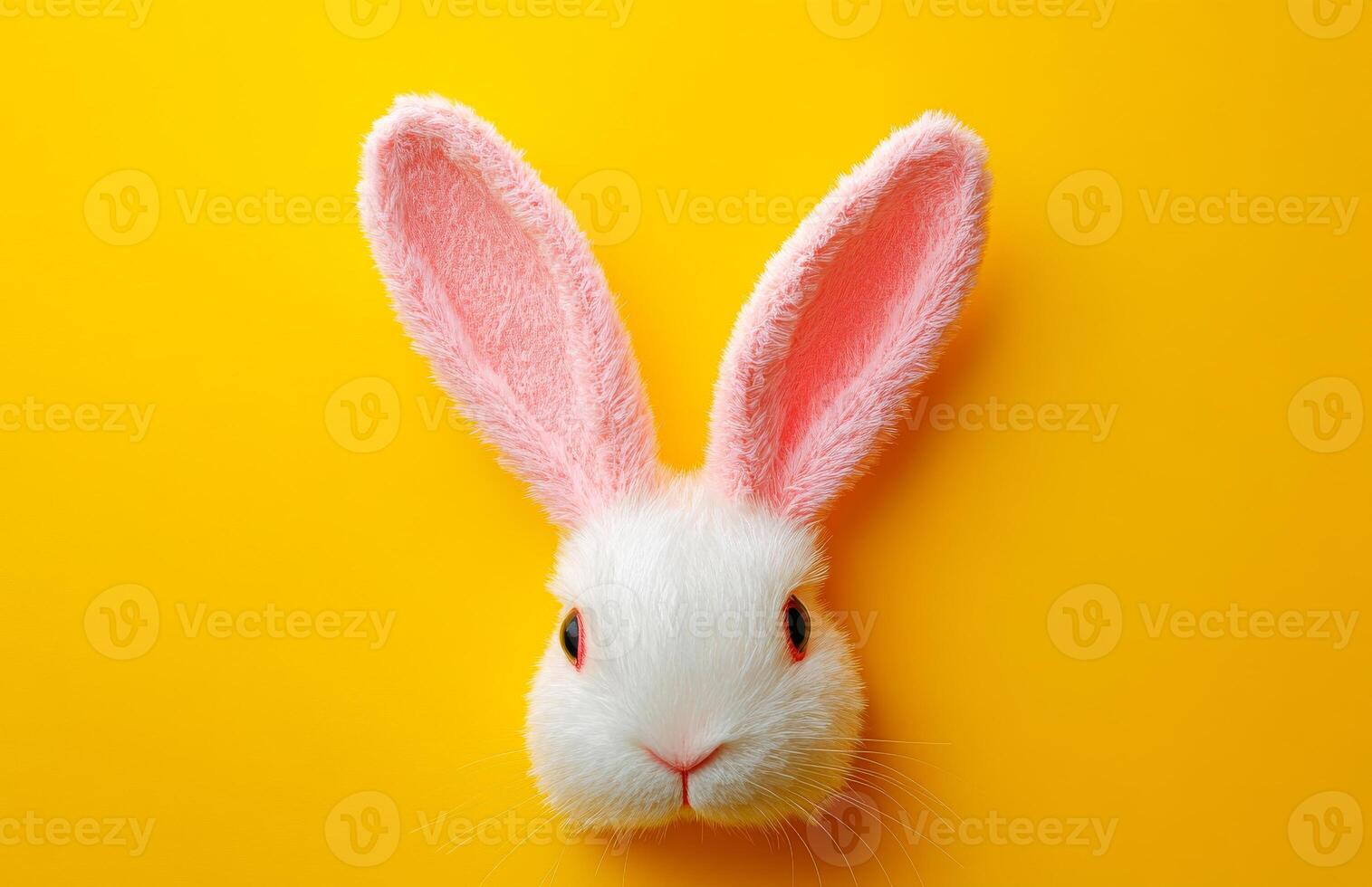 Pink-eared rabbit on yellow. A white rabbit head with large pink ears against a bright yellow background, creating a playful and cheerful mood. photo