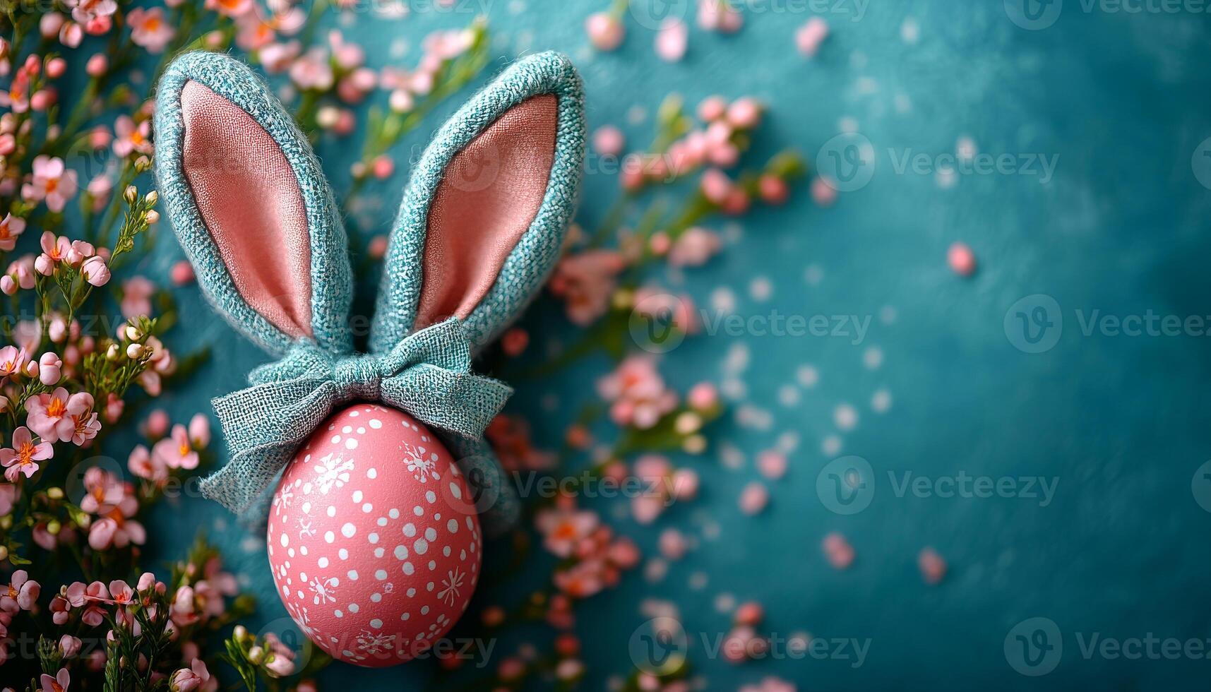 Easter egg with bunny ears. A pink egg with polka dots adorned with bunny ears sits among delicate pink flowers on a blue background. photo