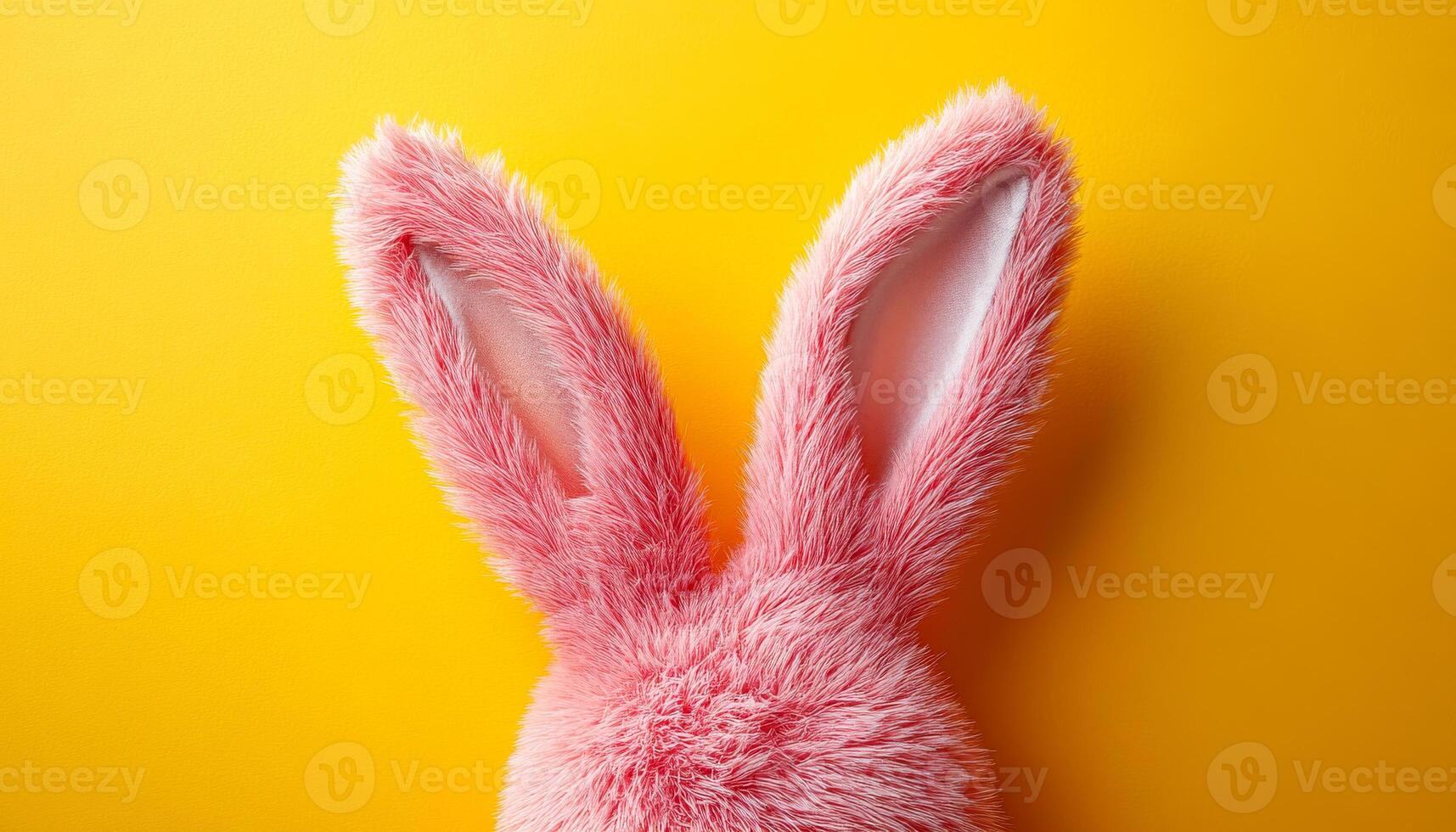 Pink bunny ears on yellow bg. A pair of fluffy pink bunny ears is centered against a vibrant yellow backdrop, creating a playful and cheerful mood. photo