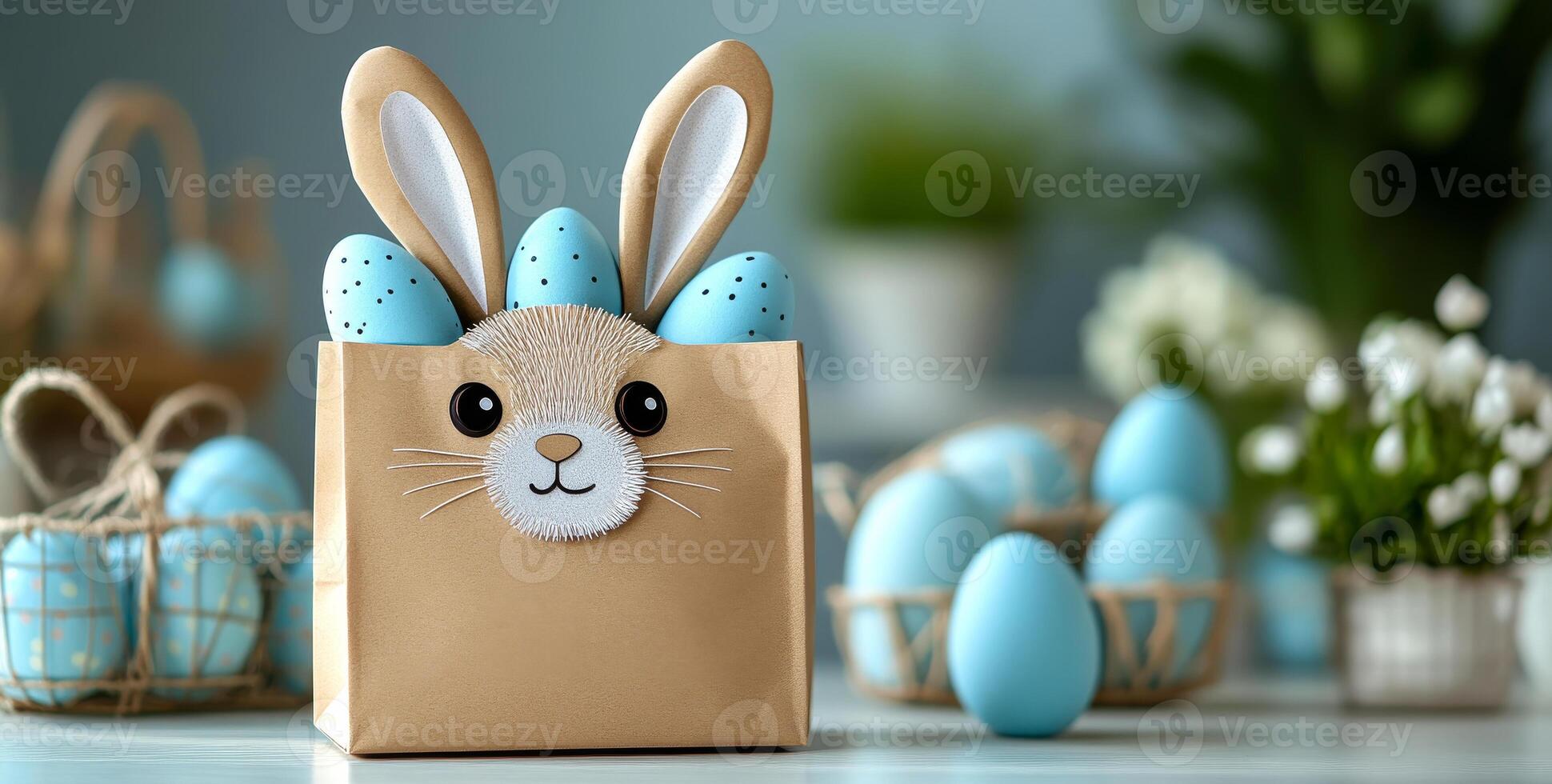 Blue egg Easter bunny bag. A decorated bag shaped like a bunny holds blue Easter eggs, surrounded by more eggs and flowers on a festive table. photo