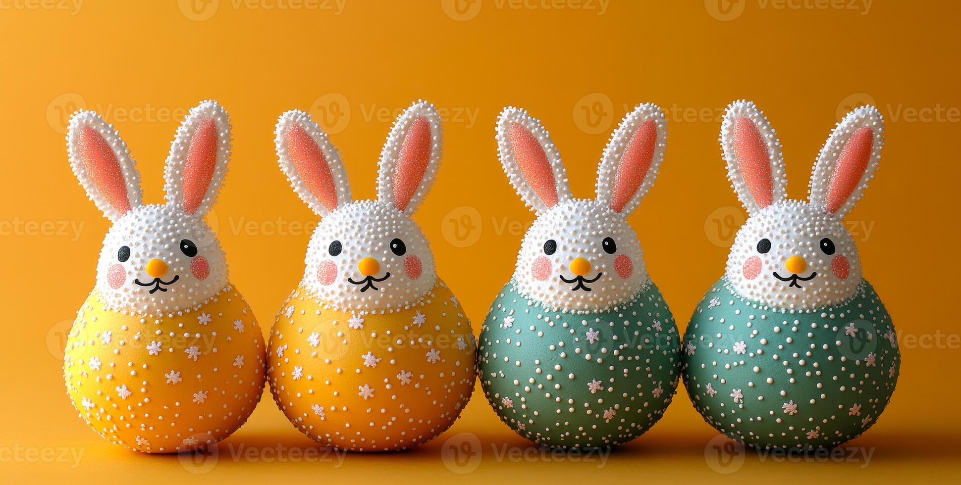 Spring bunnies for decoration. Four colorful bunnies are arranged against a sunny orange background, making them perfect for springtime. photo