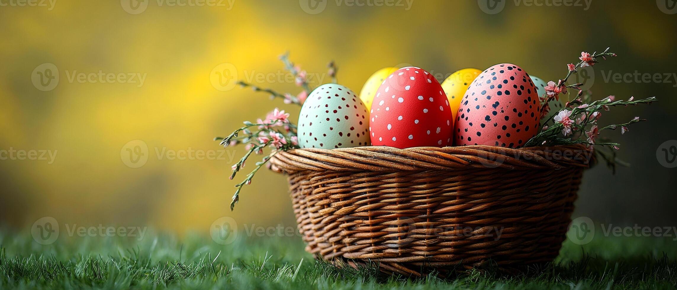 Colorful eggs arranged in a woven basket. Brightly colored eggs with polka dots sit in a woven basket surrounded by green grass and soft flowers. photo