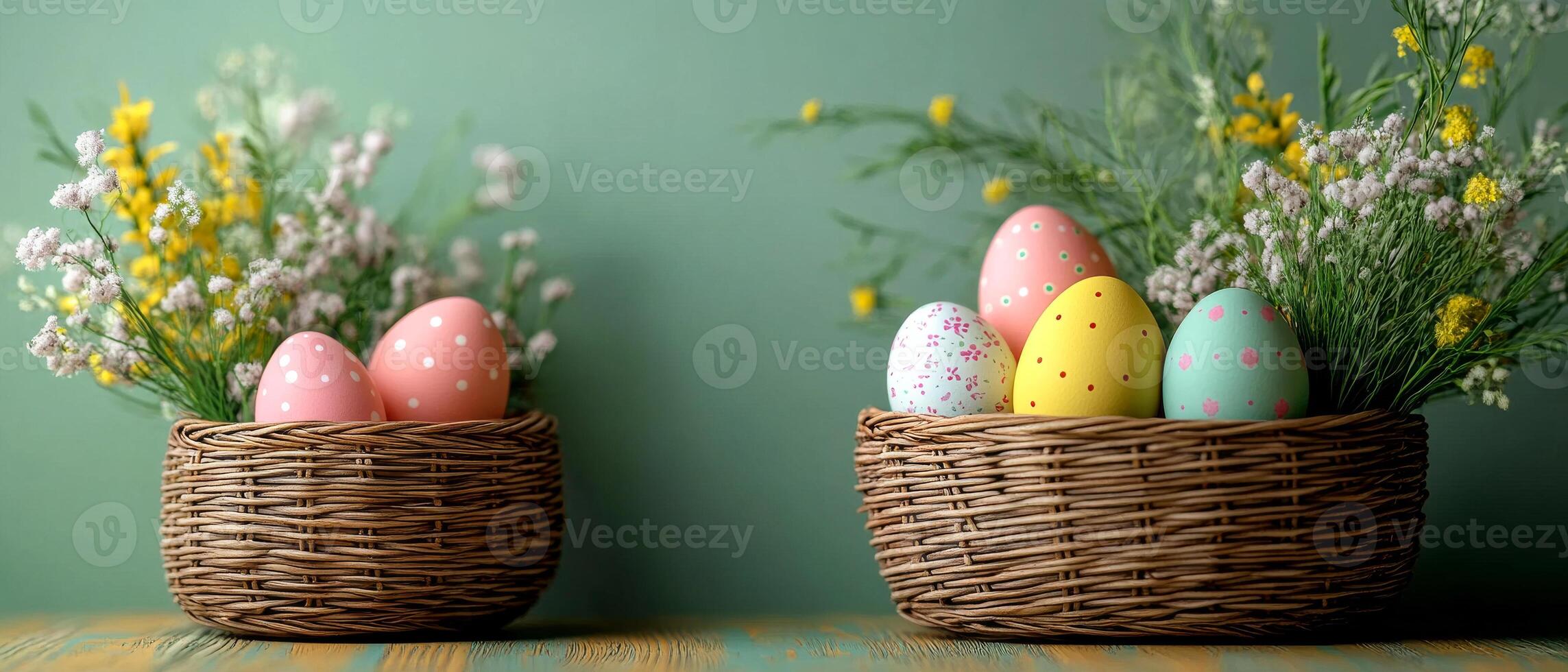 Colorful Easter eggs in woven baskets. Two woven baskets hold decorated Easter eggs surrounded by vibrant flowers against a soft green backdrop. photo
