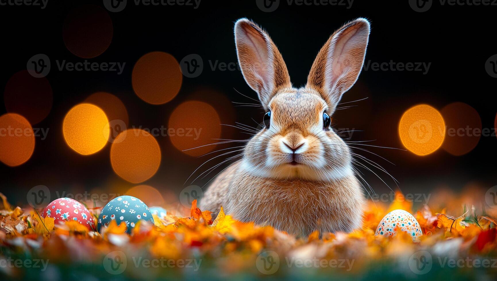 Cute rabbit with colorful eggs in autumn. A rabbit sits among fallen leaves, surrounded by colorful eggs during a serene autumn evening with soft bokeh lights. photo