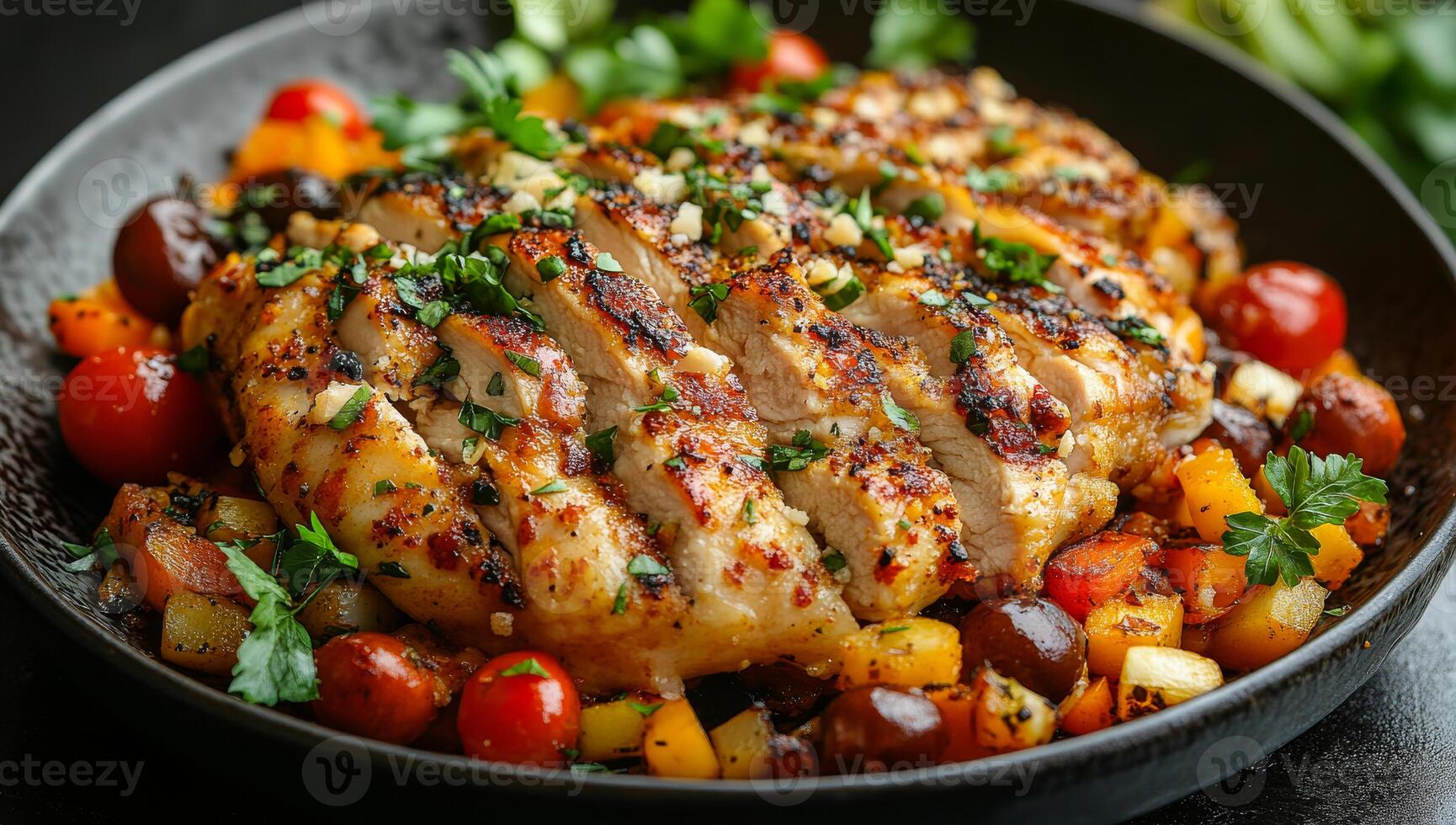Grilled chicken and fresh veggies. Succulent grilled chicken breast garnished with herbs atop a vibrant medley of assorted vegetables, served beautifully. photo