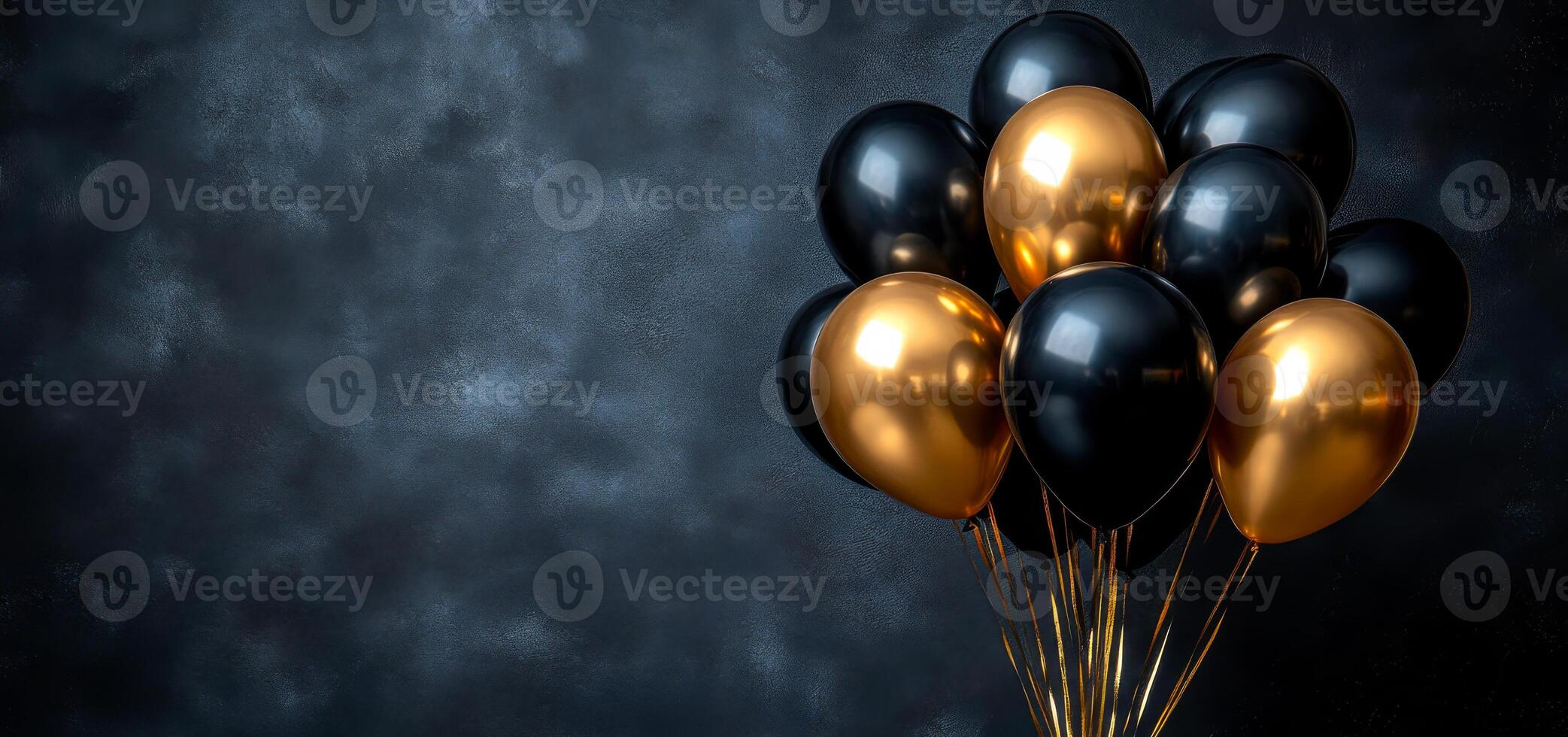 Black and gold balloon display. A cluster of black and gold balloons arranged stylishly against a dark background, perfect for celebrations or events. photo