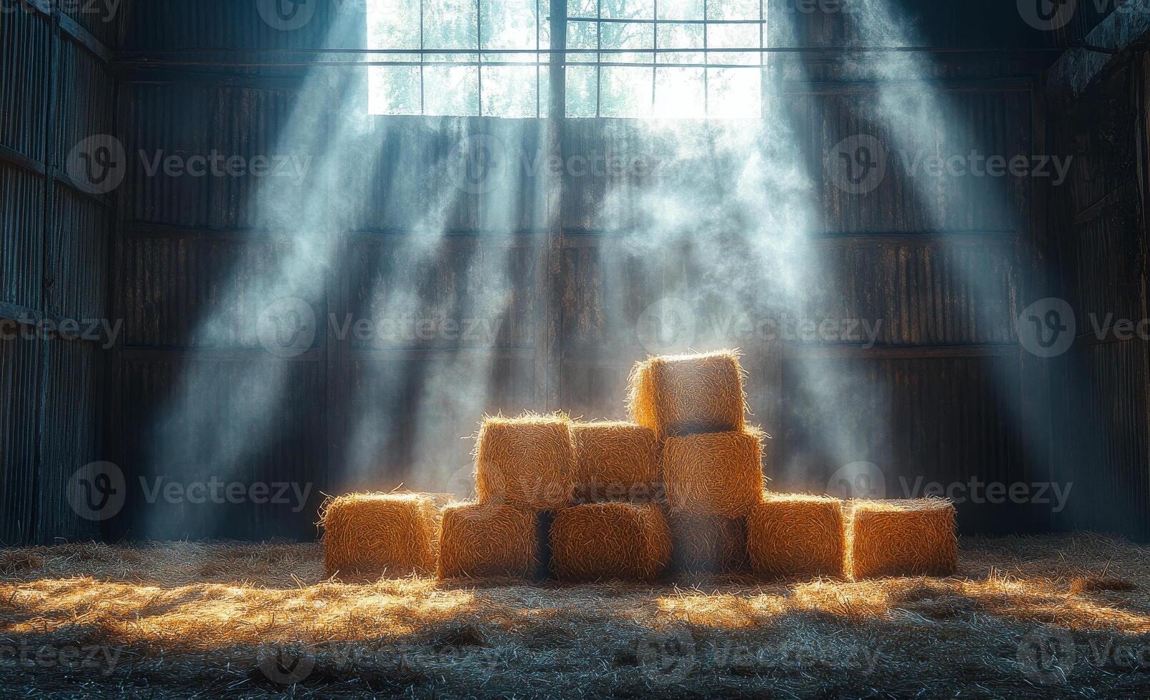 Light beams illuminate hay bales in barn. Sunlight shines through barn window, creating a mystical atmosphere over stacked hay bales on a wooden floor. photo